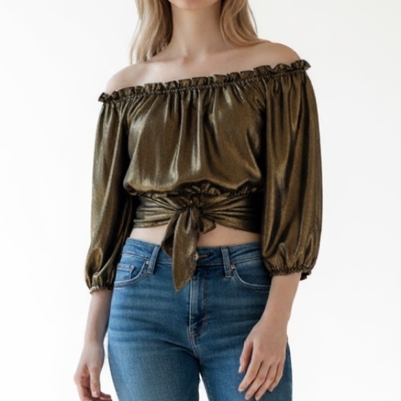 Cocoa Metallic Gold Off Shoulder Tie Waist Top Large - Picture 1 of 13